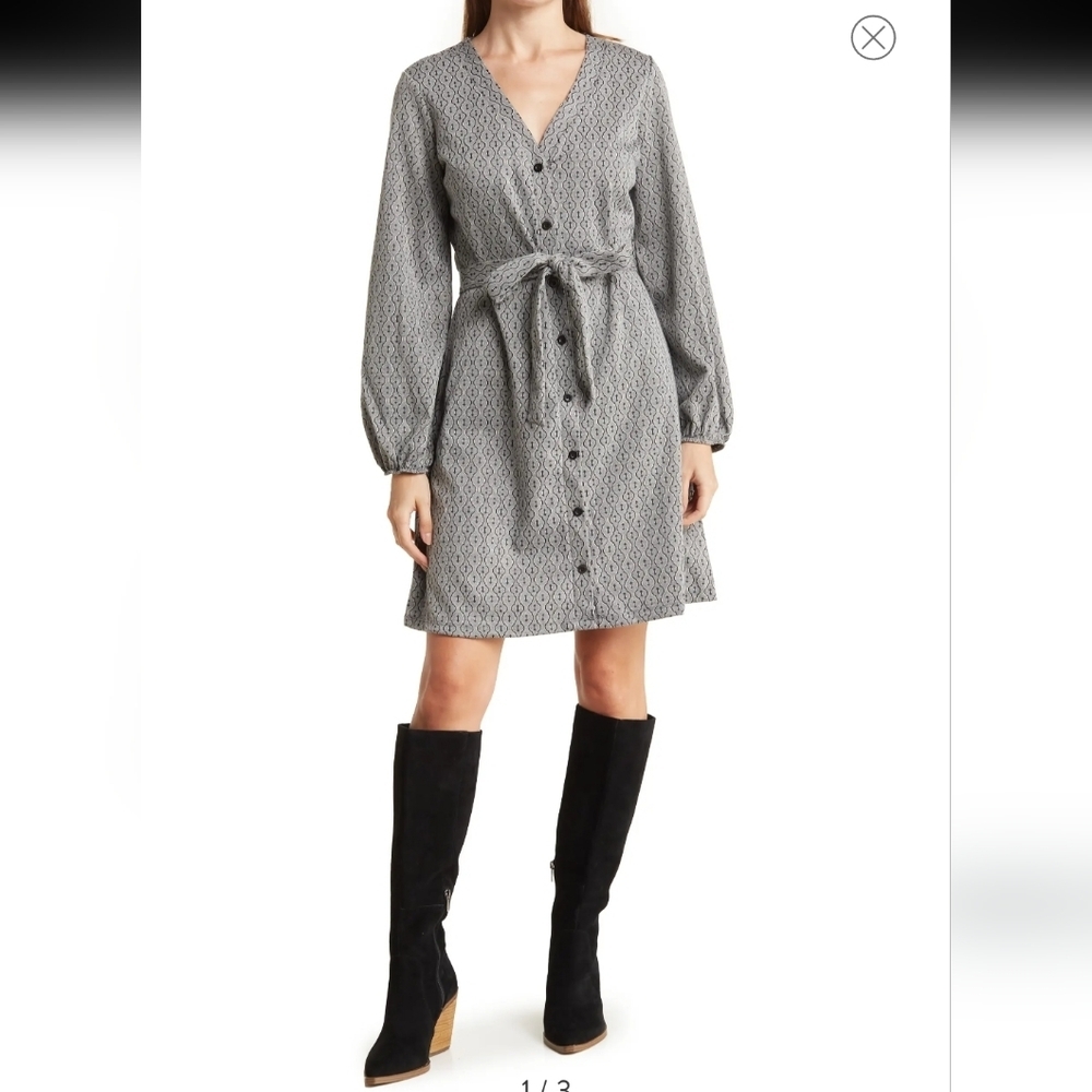 Lucky Brand knit V-neck Button front dress billowy balloon sleeve dress size L